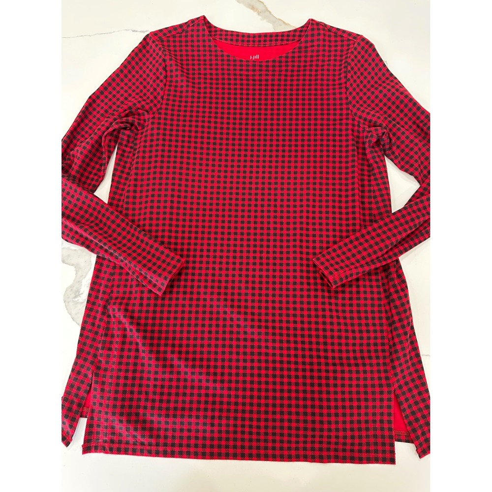 J Jill Red Black Buffalo Check Gingham Luxe Supima Cotton Blend Tunic Petite S